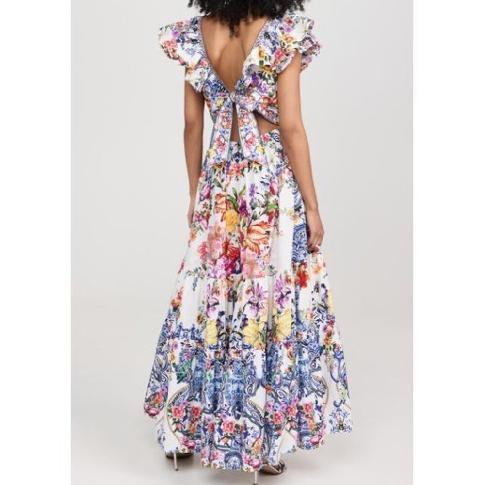 CAMILLA "Dutch Is Life" Tiered Frill V-Neck Open Back Maxi Cotton Dress, L $899 - Picture 5 of 16